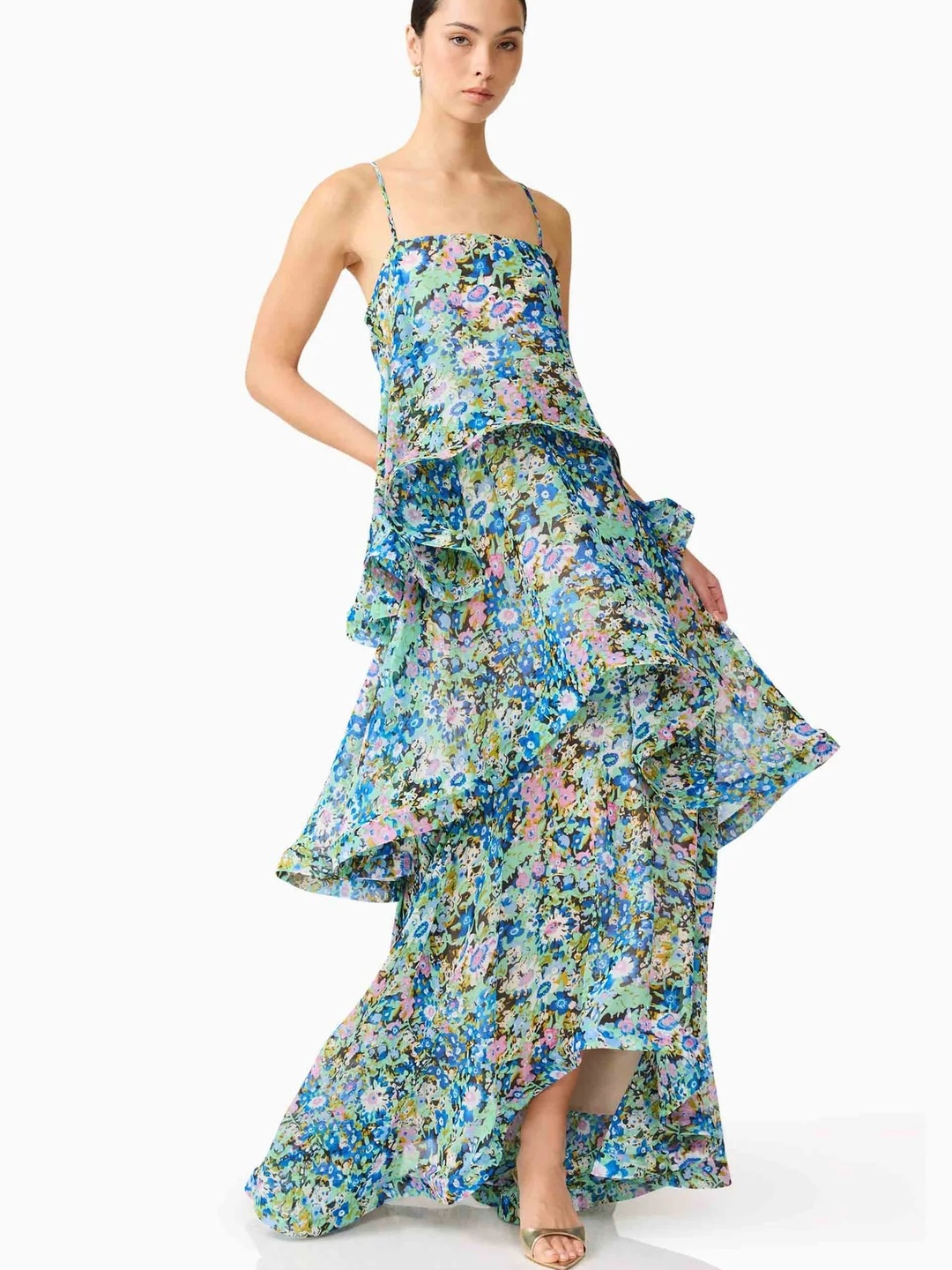 Green Floral Multi-Layer Maxi Dress