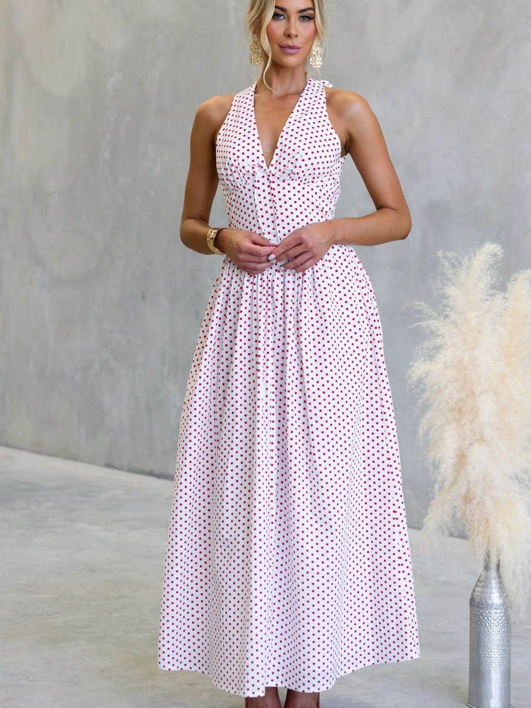 Pink Polka Dot Print V Neck A-Line Maxi Dress