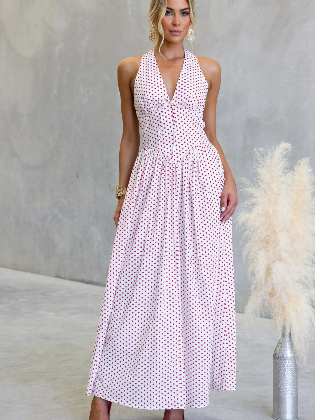 Pink Polka Dot Print V Neck A-Line Maxi Dress