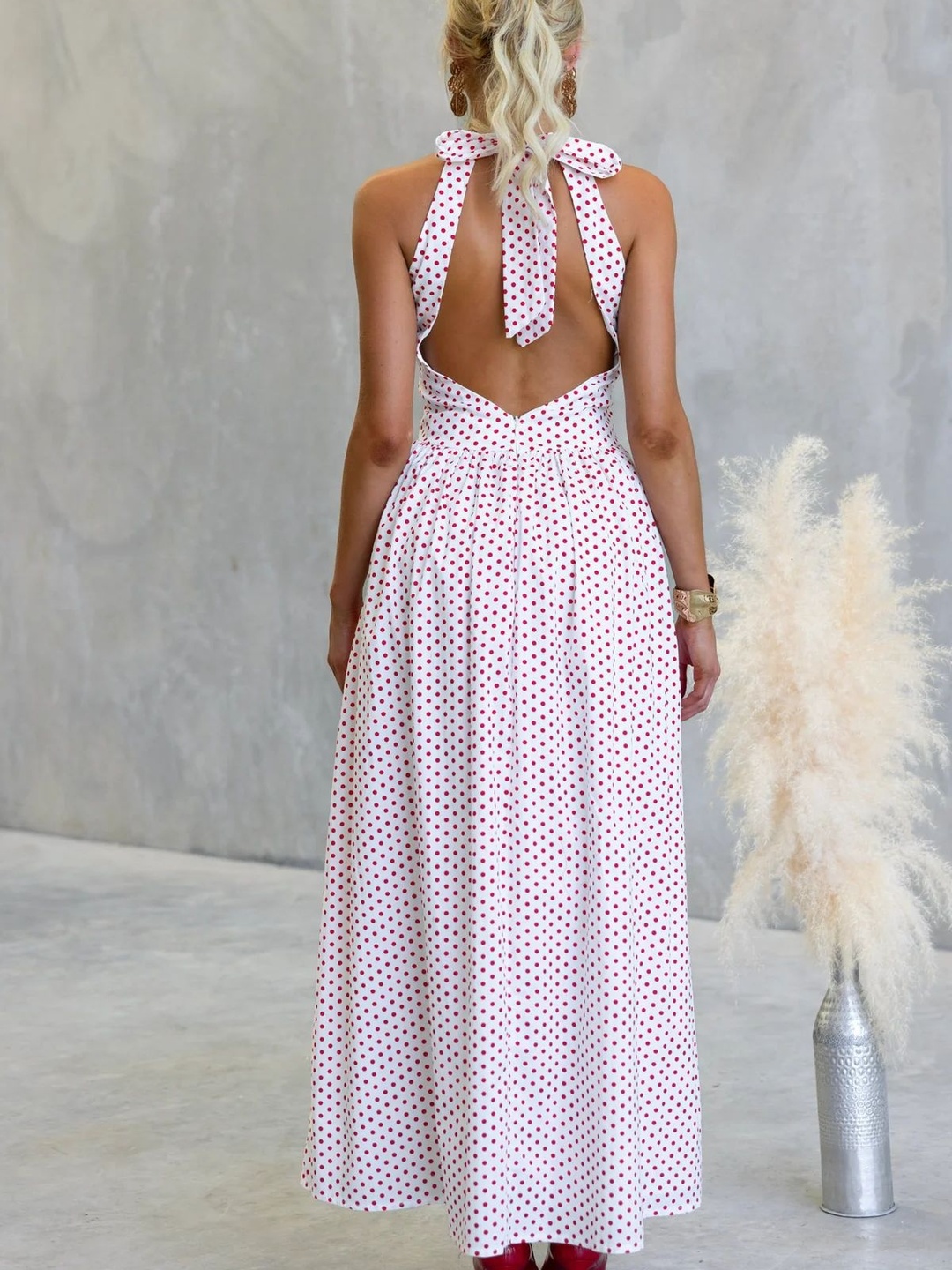 Pink Polka Dot Print V Neck A-Line Maxi Dress