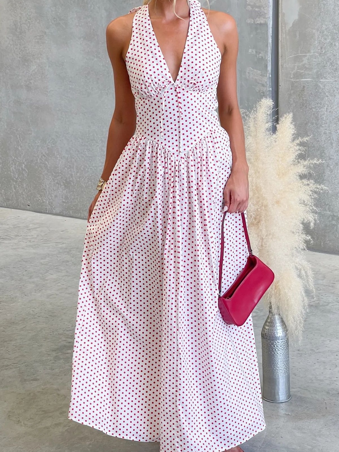 Pink Polka Dot Print V Neck A-Line Maxi Dress