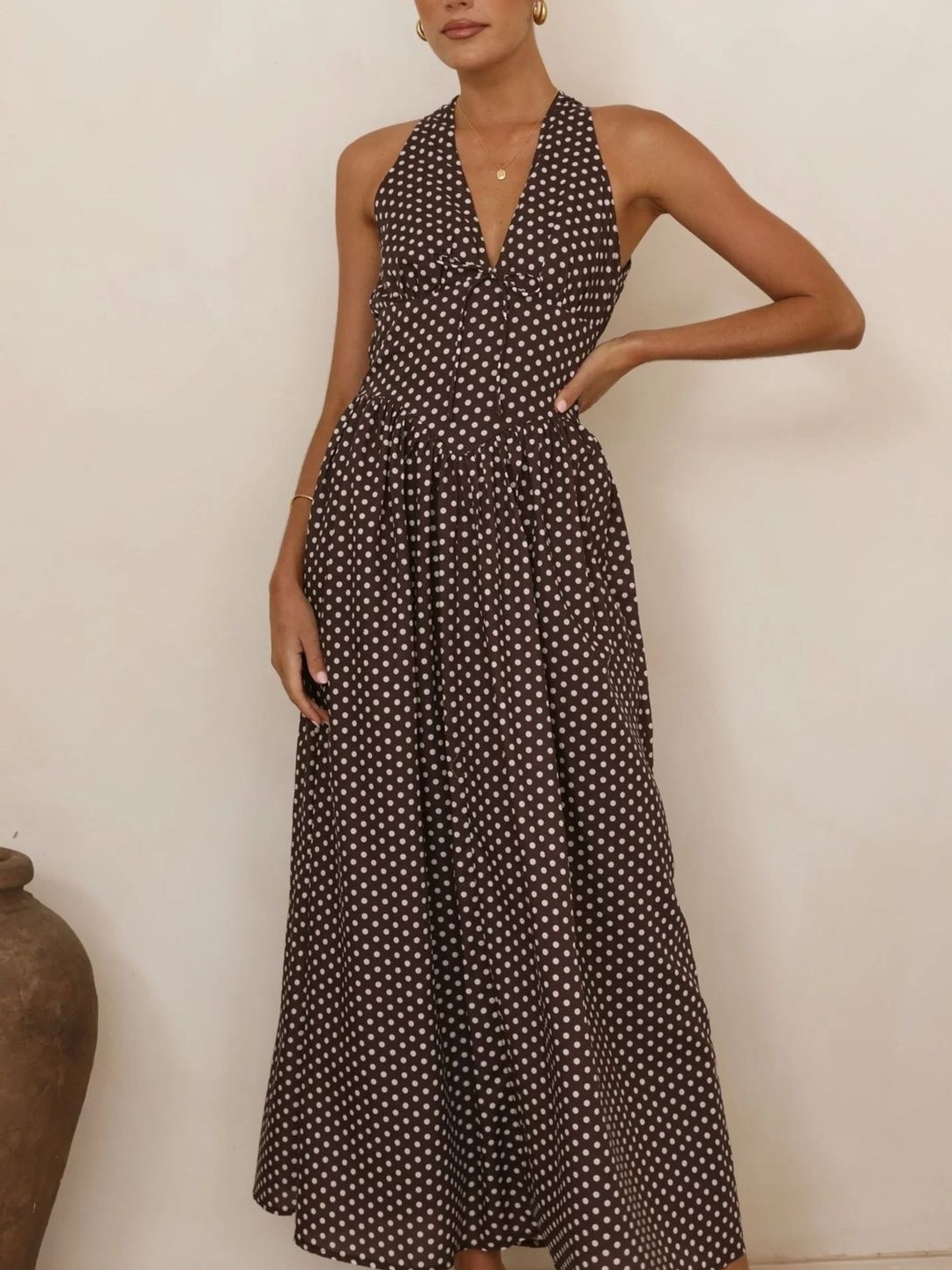 Brown Polka Dot Print V Neck A-Line Maxi Dress
