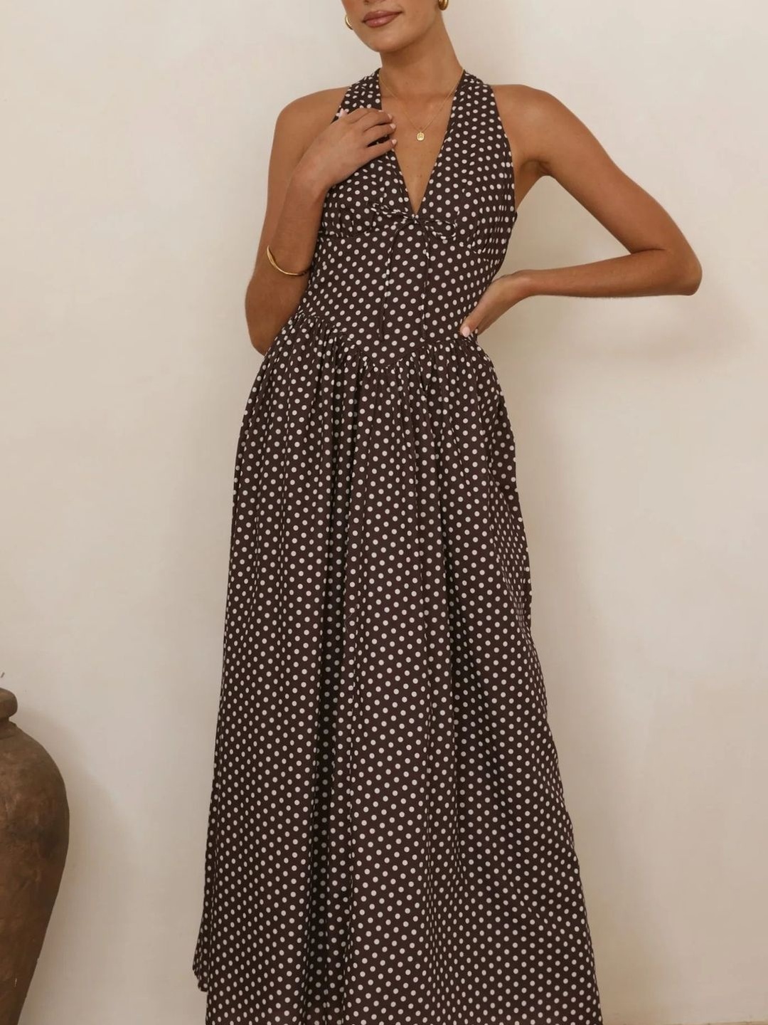 Brown Polka Dot Print V Neck A-Line Maxi Dress