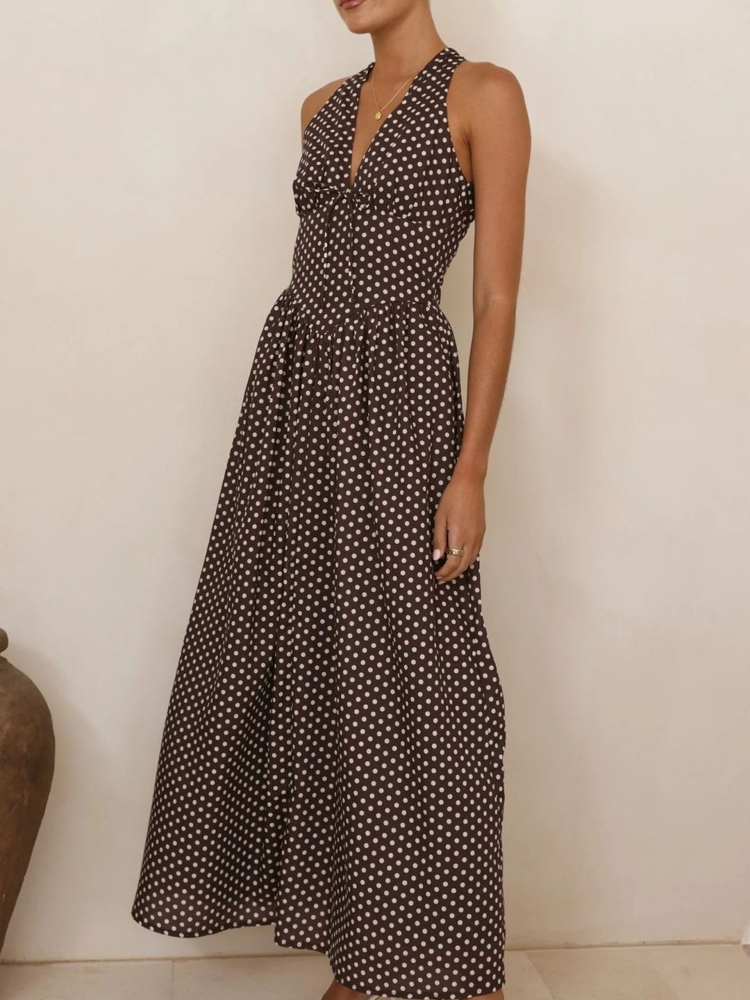 Brown Polka Dot Print V Neck A-Line Maxi Dress