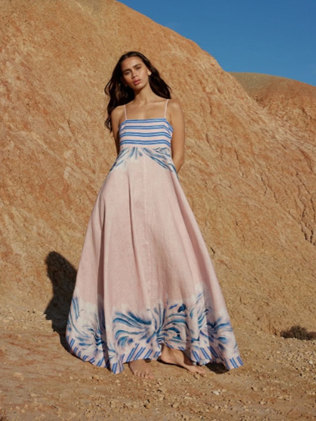 Pink Printed Strappy A-Line Maxi Dress