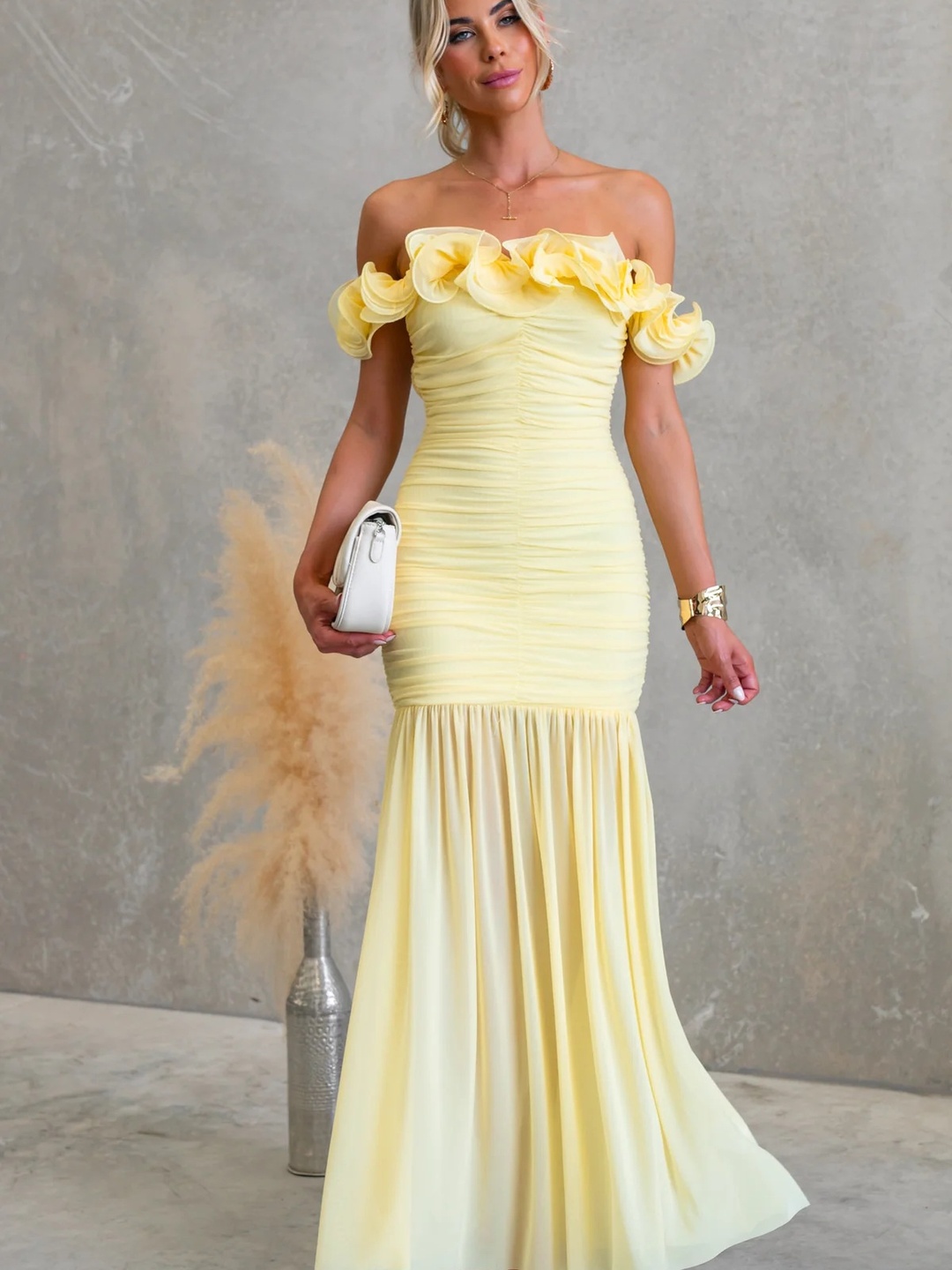Yellow Ruffled Off Shoulder Mermaid Hem Maxi Dress