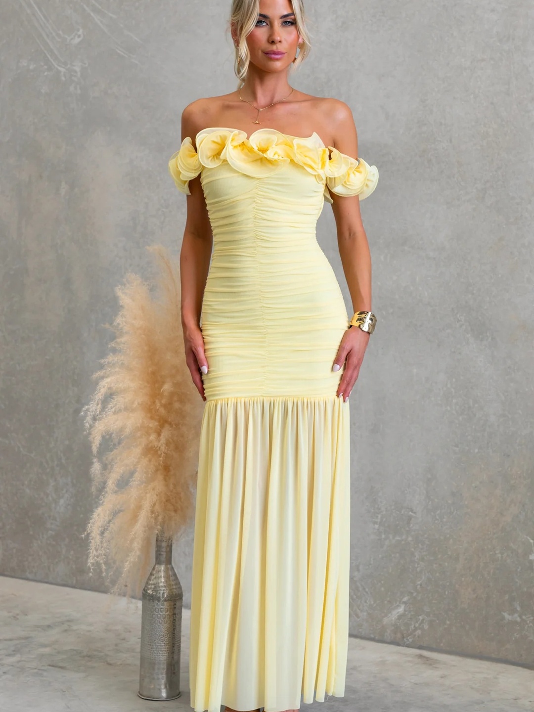 Yellow Ruffled Off Shoulder Mermaid Hem Maxi Dress