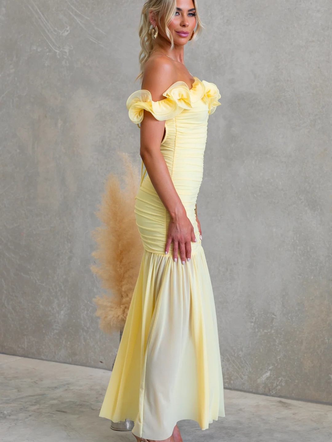 Yellow Ruffled Off Shoulder Mermaid Hem Maxi Dress