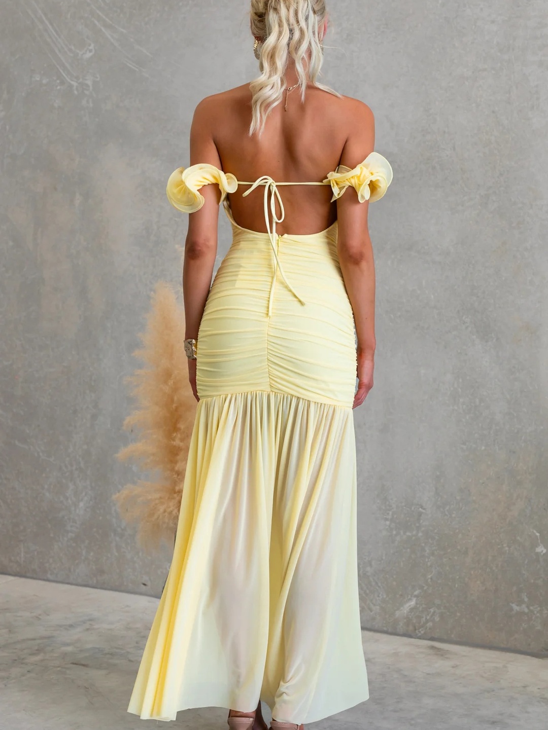 Yellow Ruffled Off Shoulder Mermaid Hem Maxi Dress