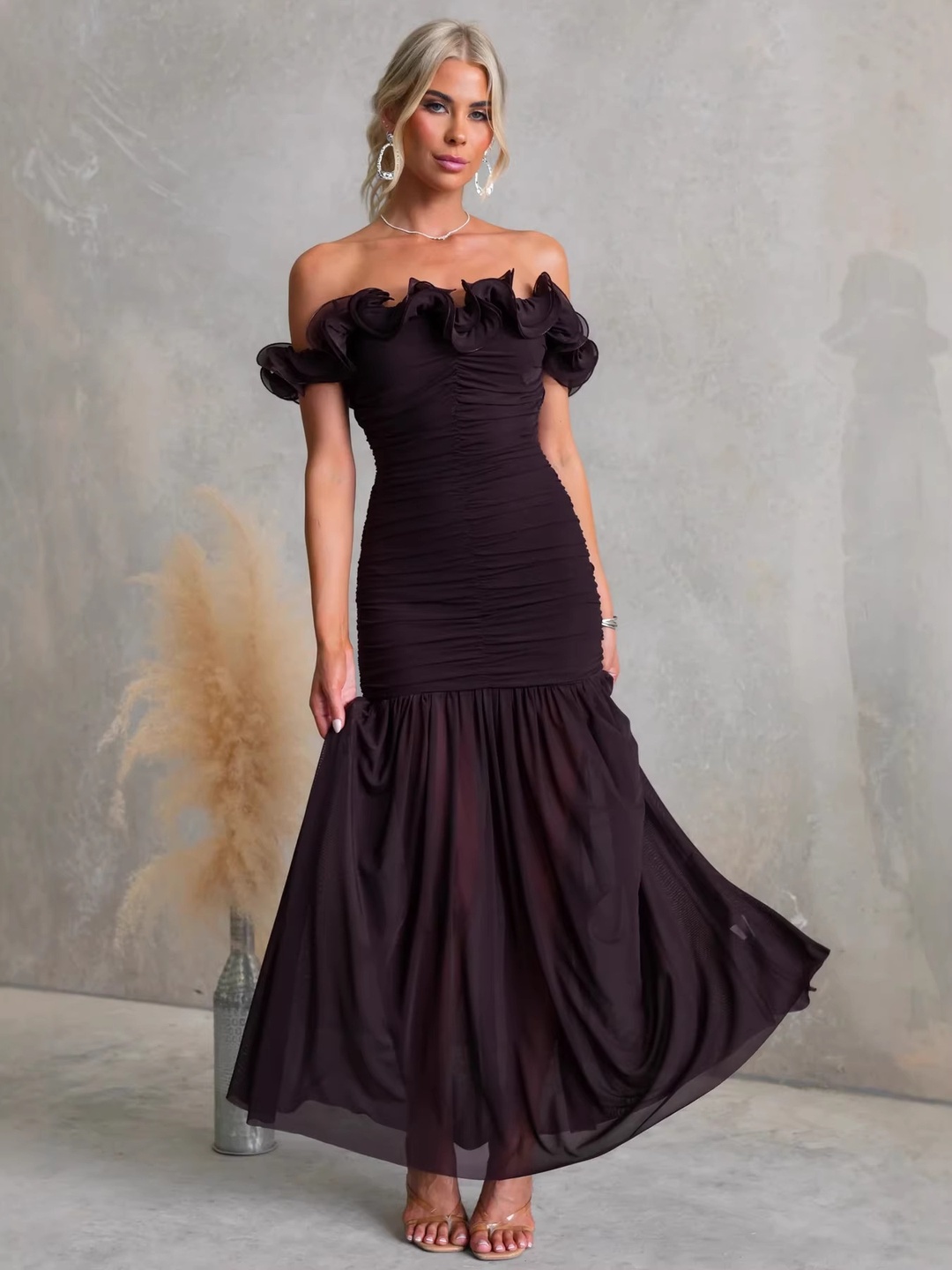 Brown Ruffled Off Shoulder Mermaid Hem Maxi Dress