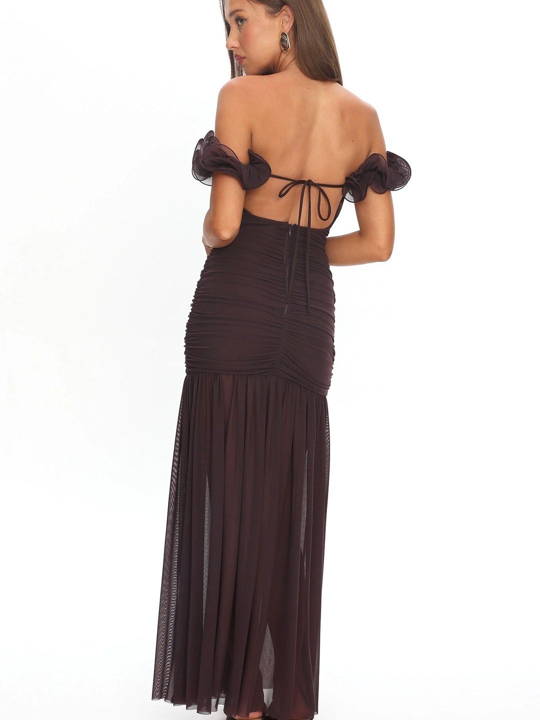 Brown Ruffled Off Shoulder Mermaid Hem Maxi Dress