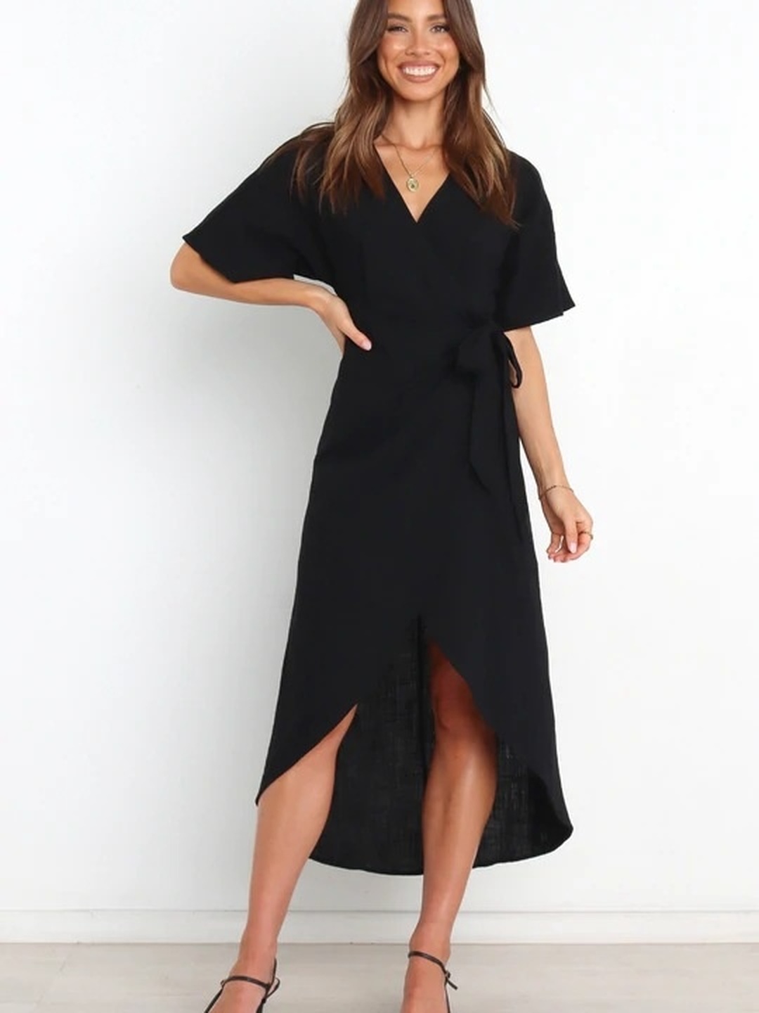 Black Solid V Neck Asymmetric Wrap Midi Dress