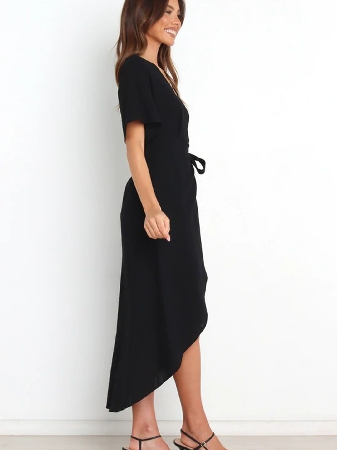 Black Solid V Neck Asymmetric Wrap Midi Dress