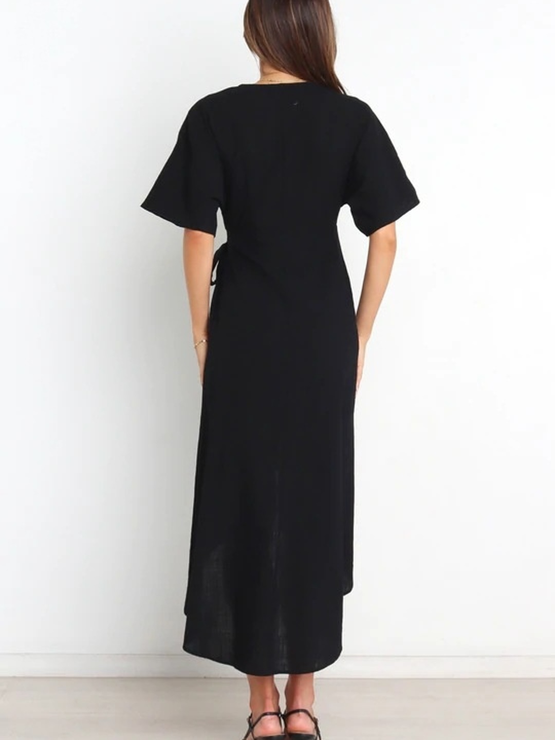 Black Solid V Neck Asymmetric Wrap Midi Dress