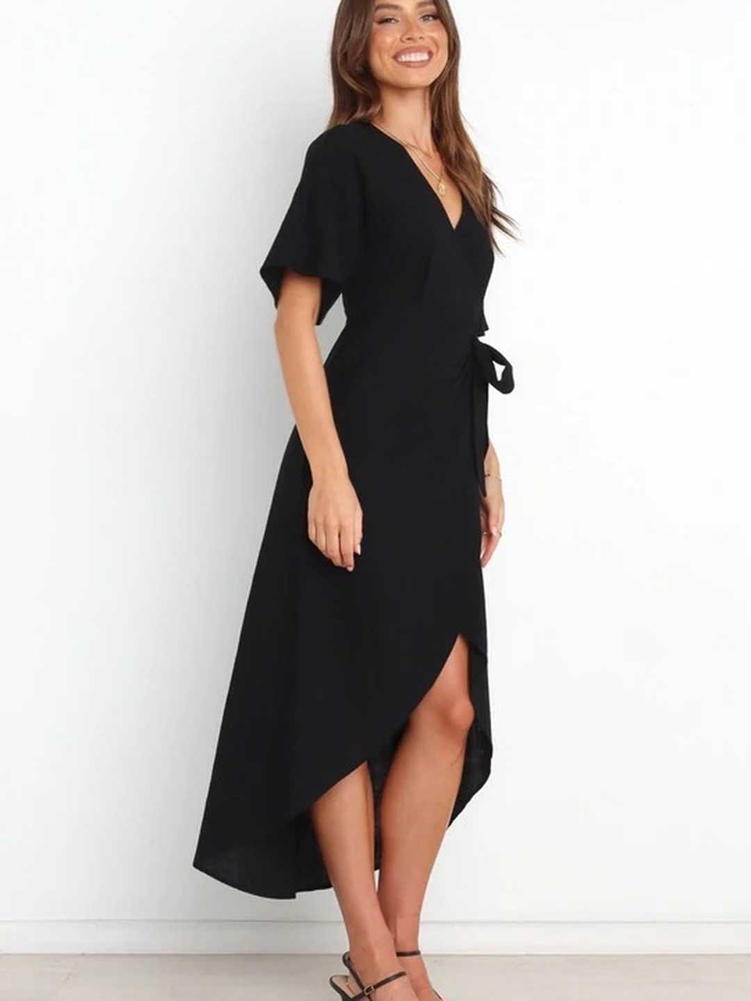 Black Solid V Neck Asymmetric Wrap Midi Dress