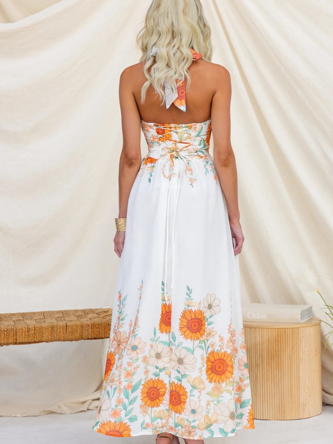 White Sunflower Print Waist-Cinched Flared Maxi Dress