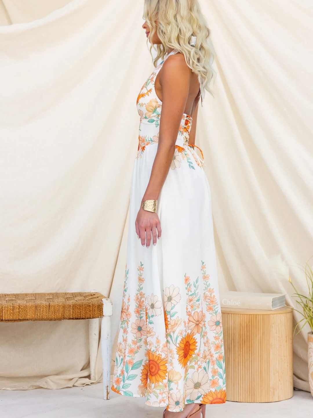 White Sunflower Print Waist-Cinched Flared Maxi Dress