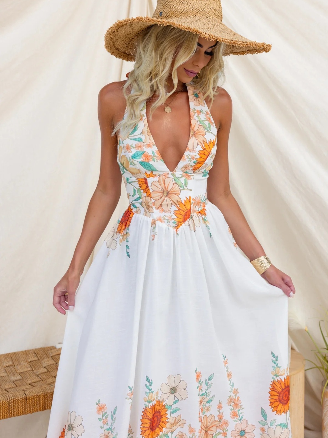 White Sunflower Print Waist-Cinched Flared Maxi Dress