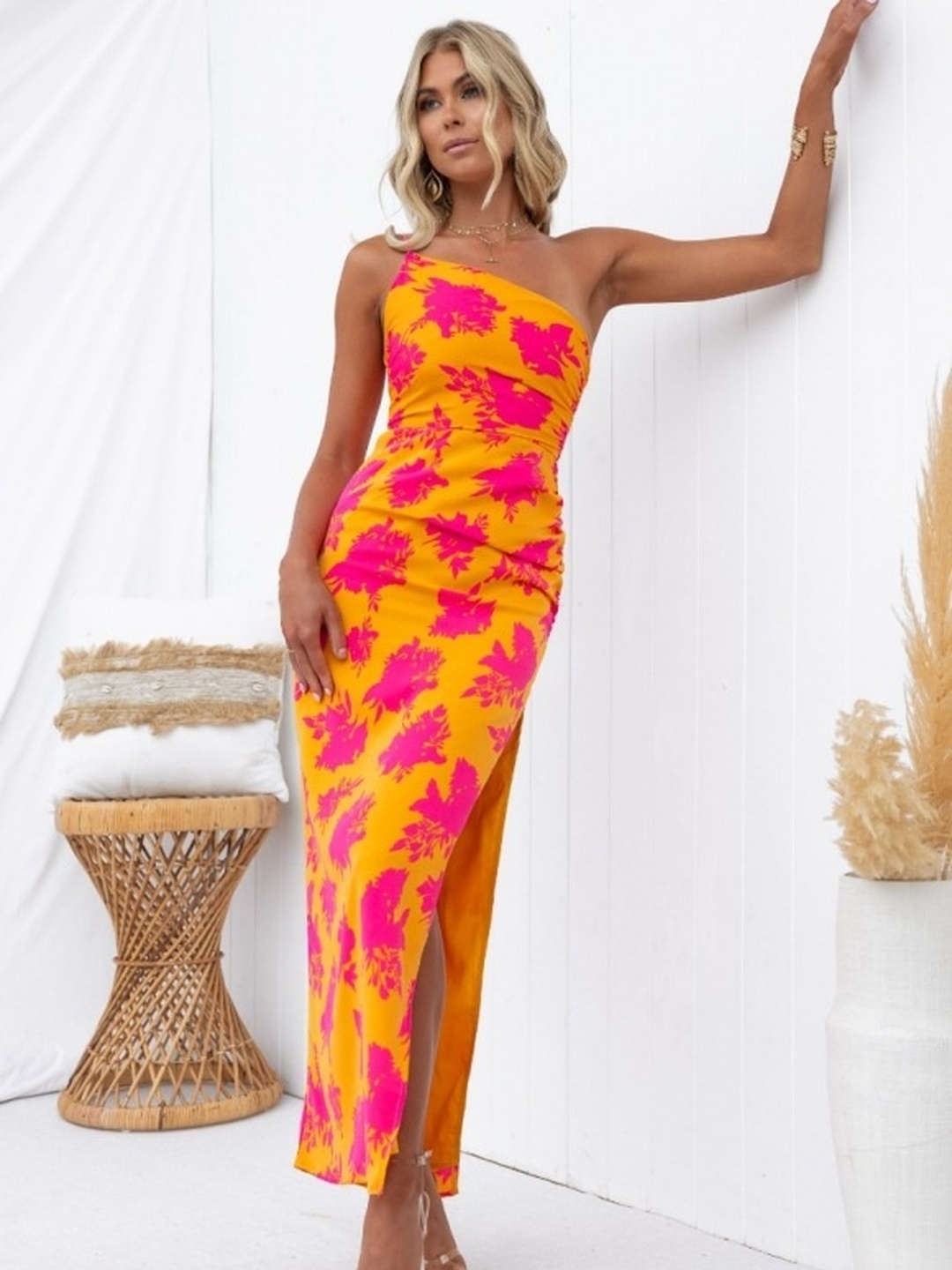 Orange One Shoulder Bodycon Maxi Dress with Side Slit
