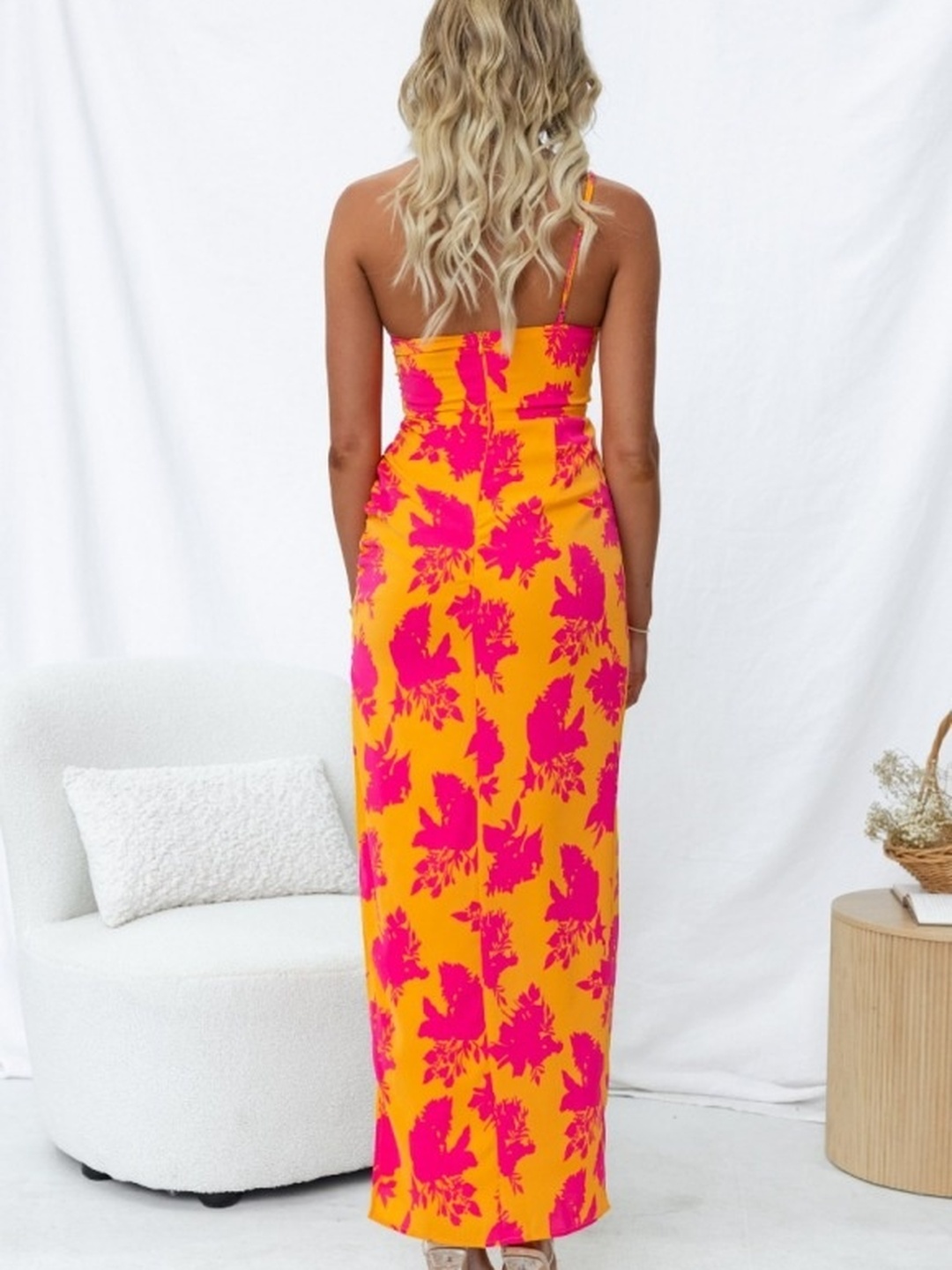 Orange One Shoulder Bodycon Maxi Dress with Side Slit