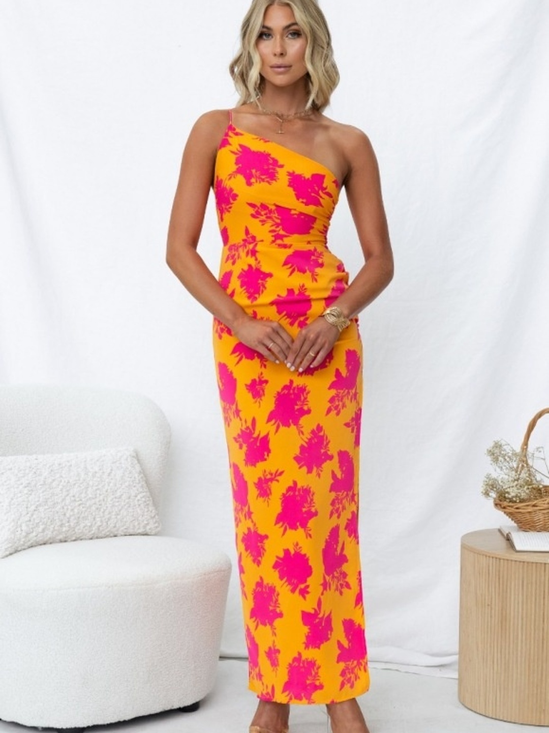 Orange One Shoulder Bodycon Maxi Dress with Side Slit