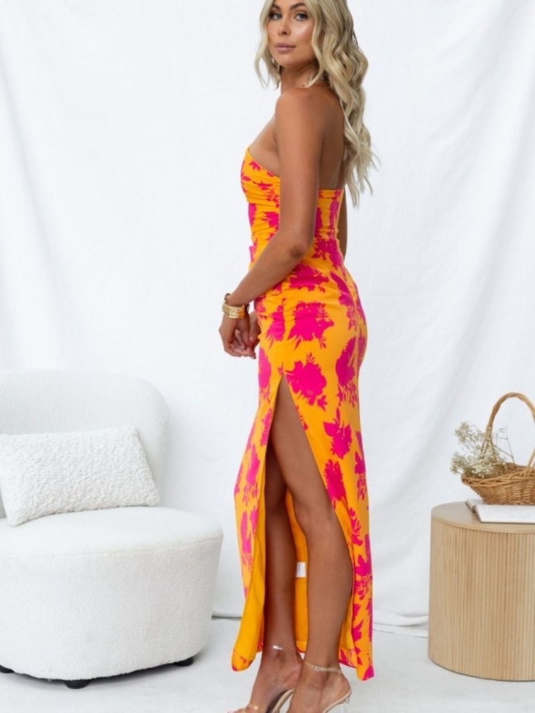 Orange One Shoulder Bodycon Maxi Dress with Side Slit