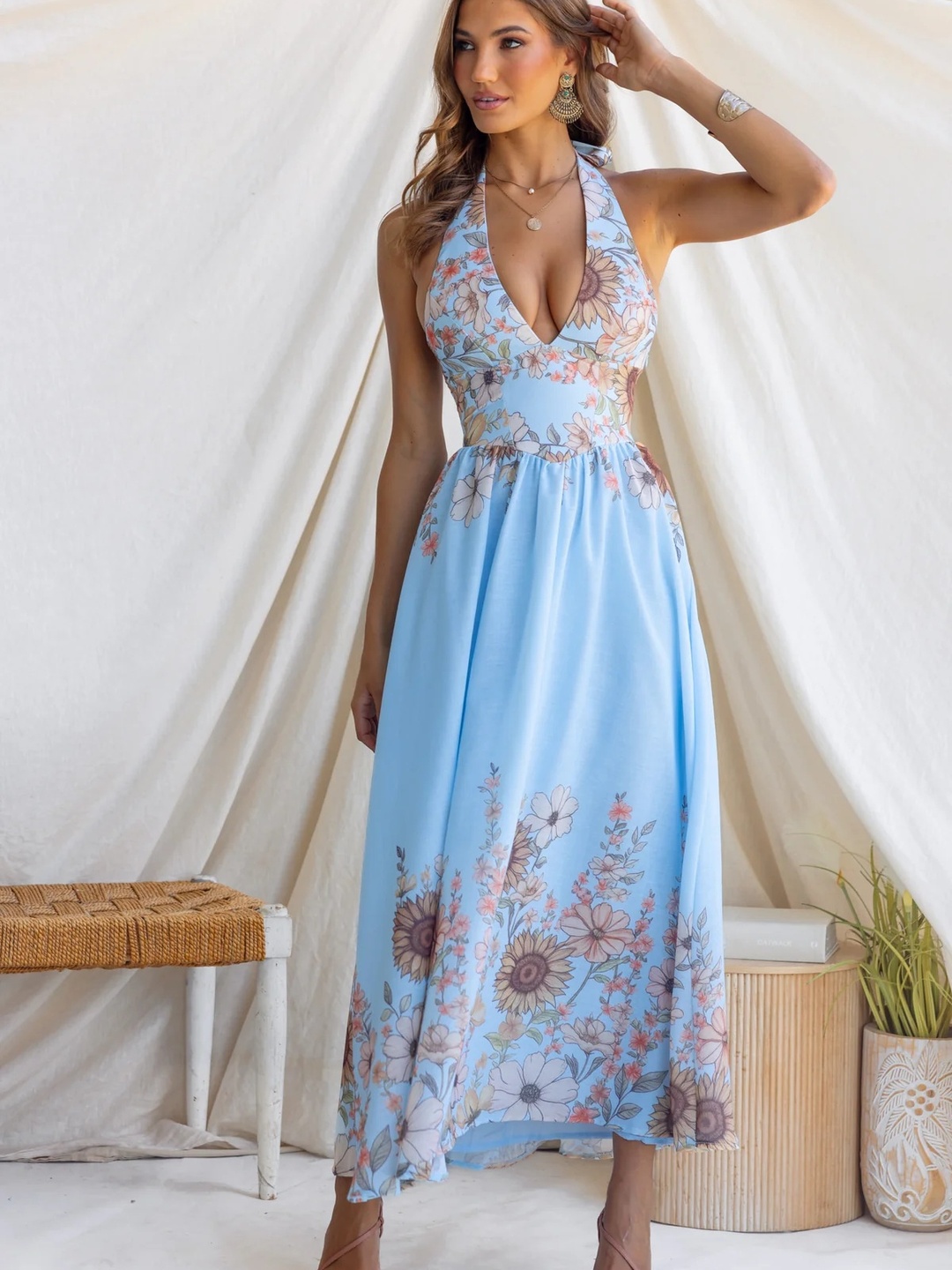 Blue Sunflower Print Waist-Cinched Flared Maxi Dress