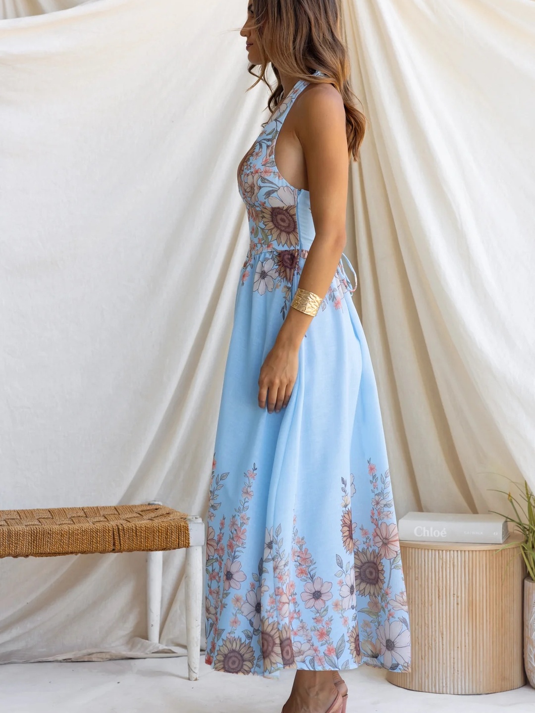 Blue Sunflower Print Waist-Cinched Flared Maxi Dress
