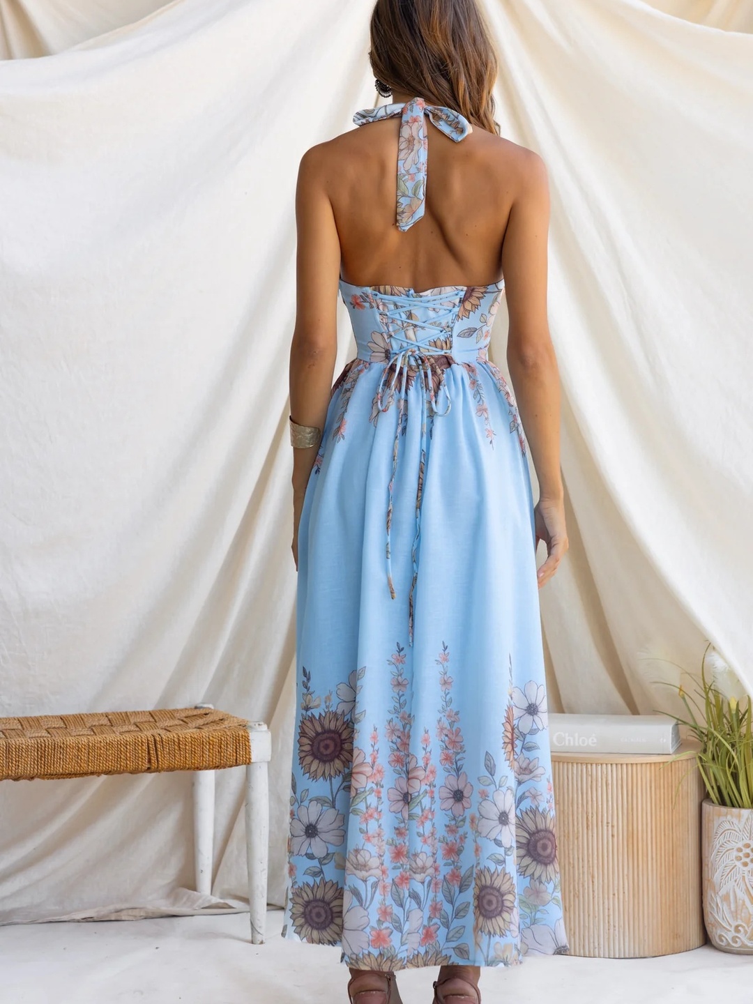 Blue Sunflower Print Waist-Cinched Flared Maxi Dress