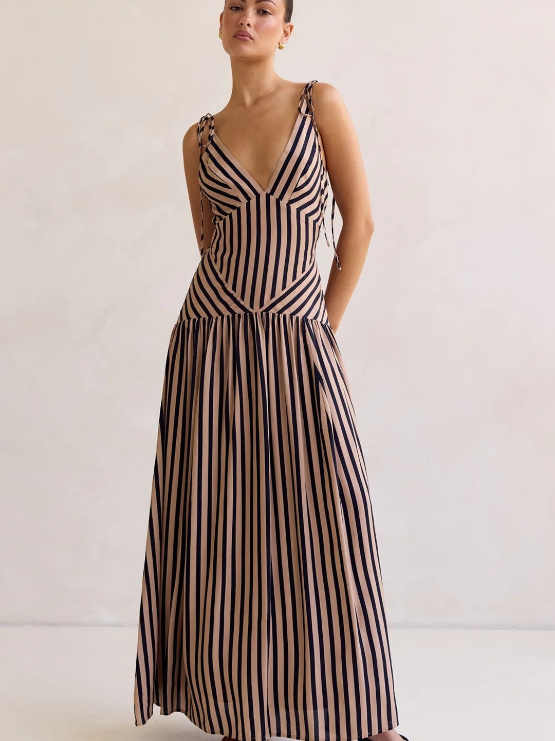 Brown Striped Tie Strap A-Line Maxi Dress