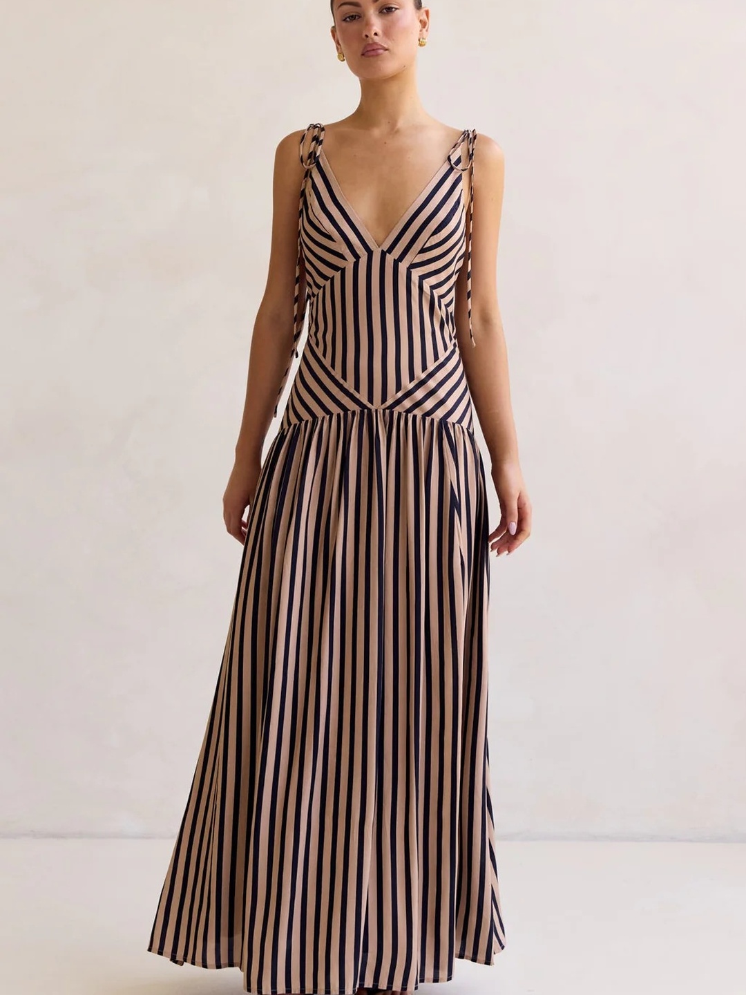 Brown Striped Tie Strap A-Line Maxi Dress