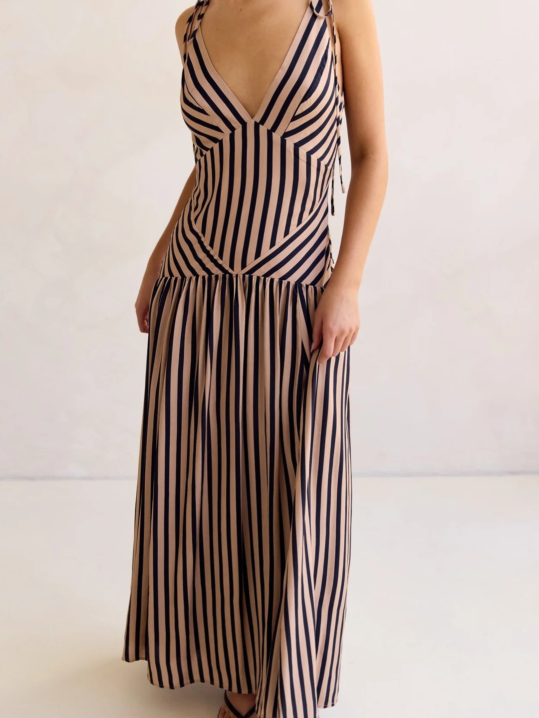 Brown Striped Tie Strap A-Line Maxi Dress