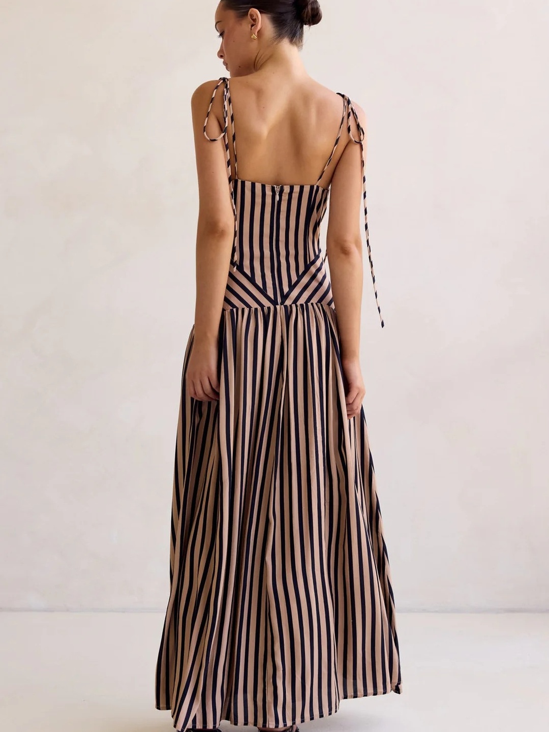 Brown Striped Tie Strap A-Line Maxi Dress