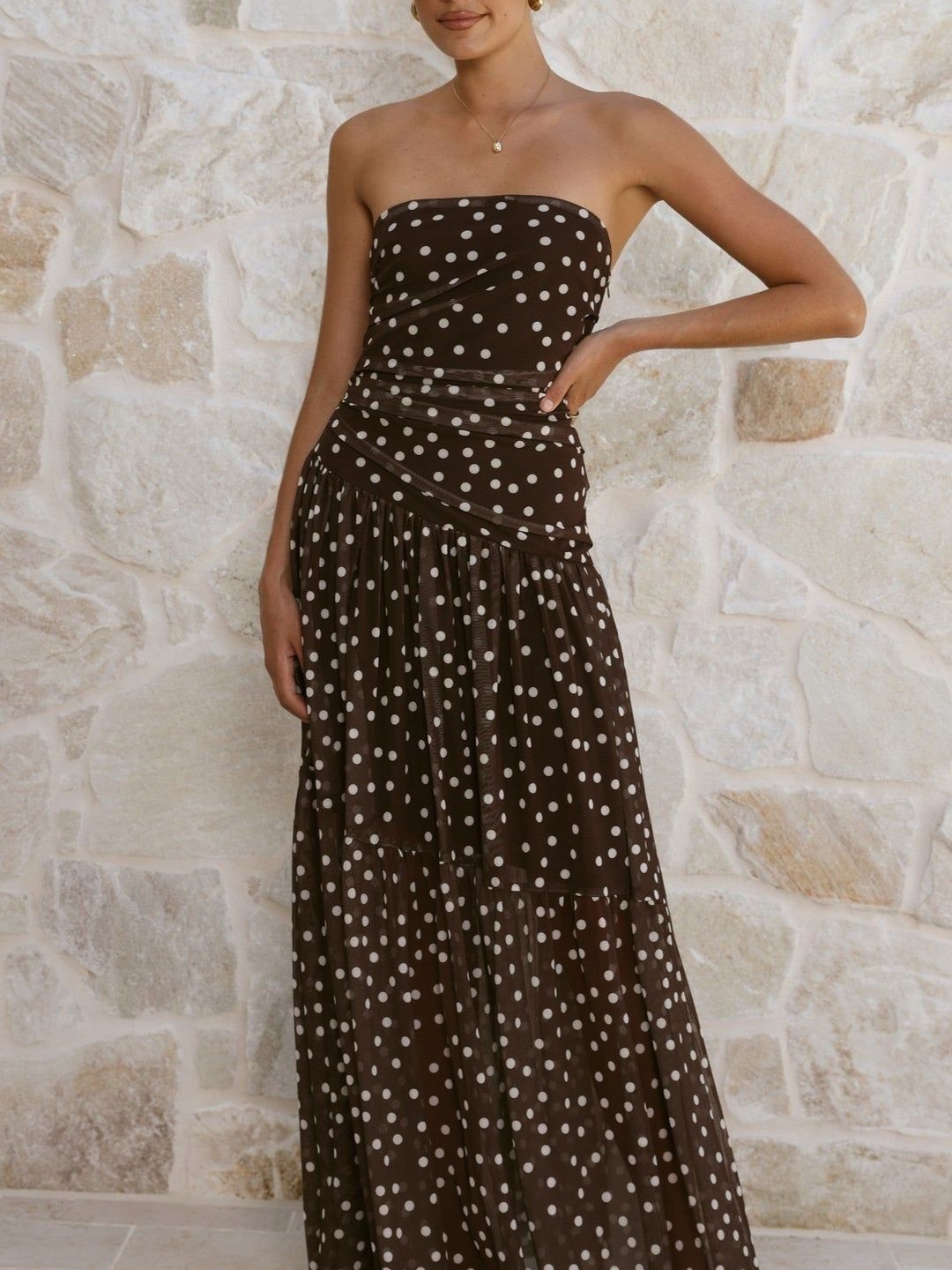 Brown Polka Dot Strapless Maxi Dress
