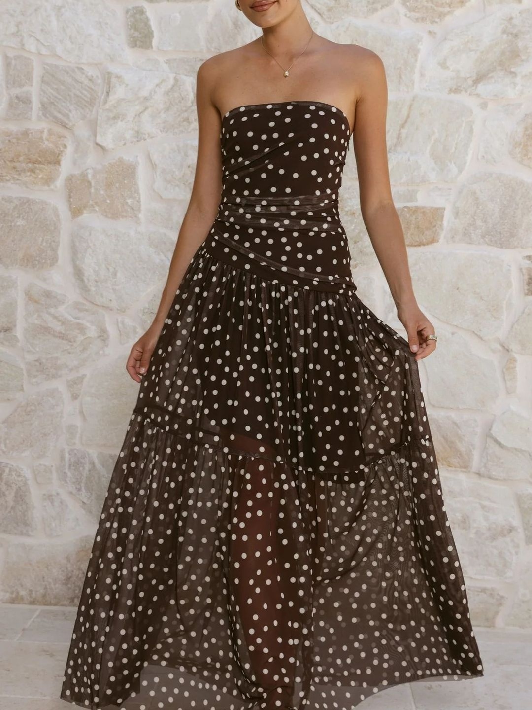 Brown Polka Dot Strapless Maxi Dress