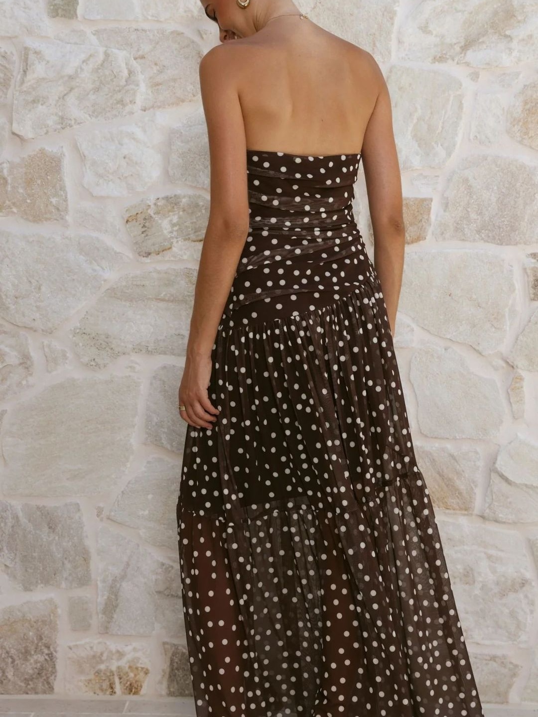 Brown Polka Dot Strapless Maxi Dress