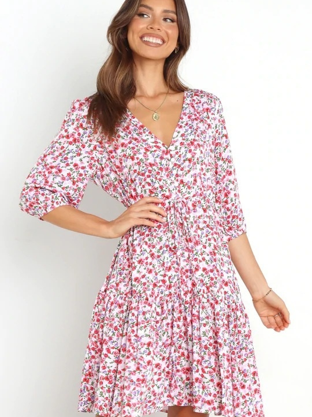 Floral Print V Neck A-Line Dress