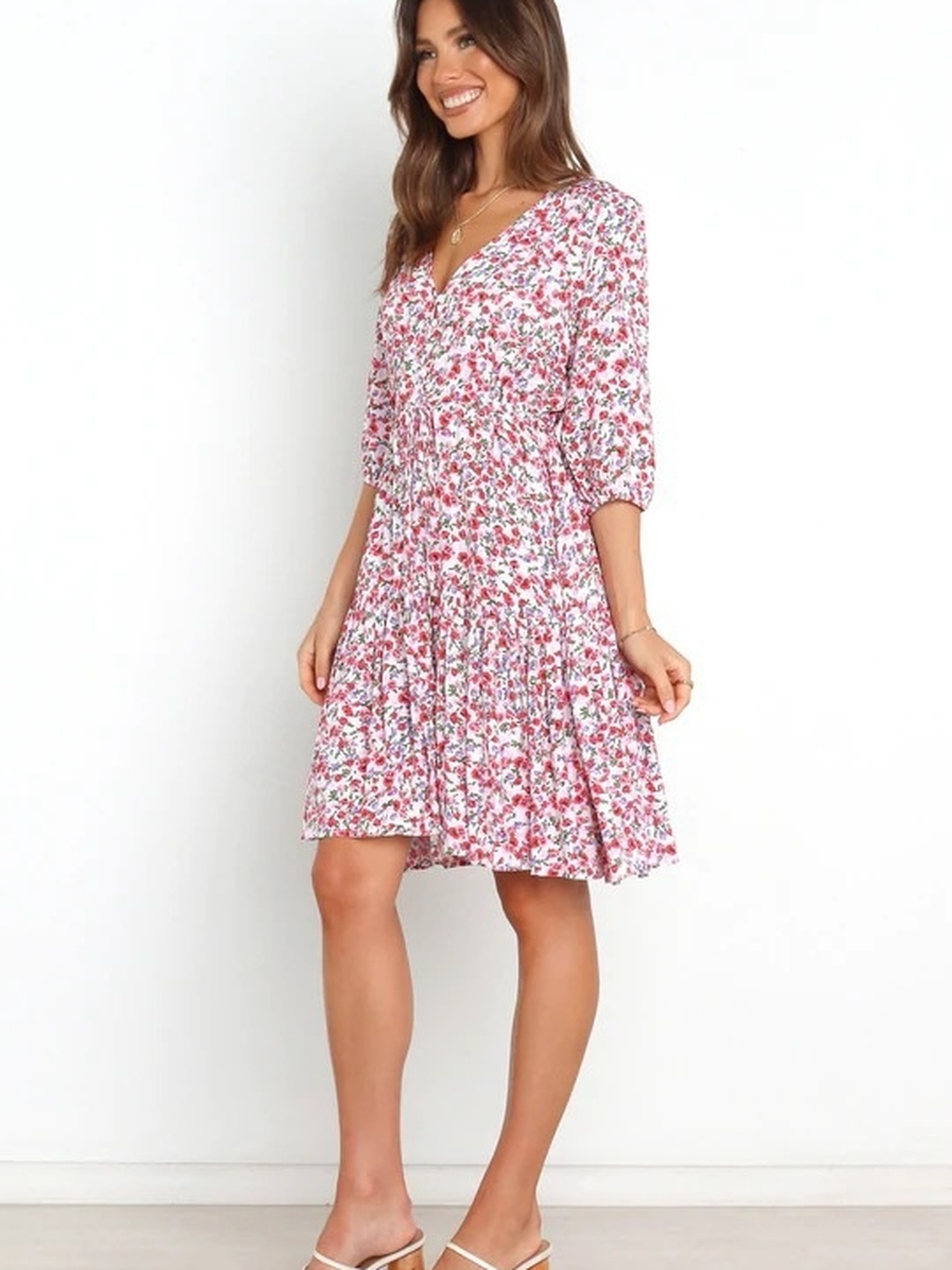 Floral Print V Neck A-Line Dress