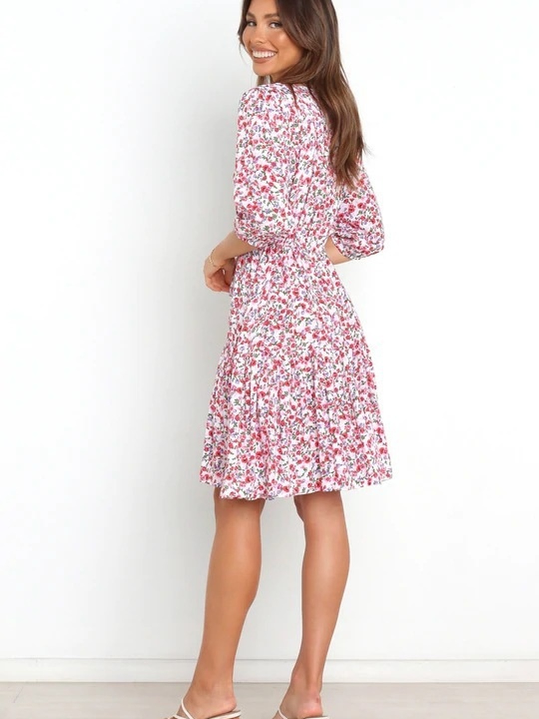 Floral Print V Neck A-Line Dress