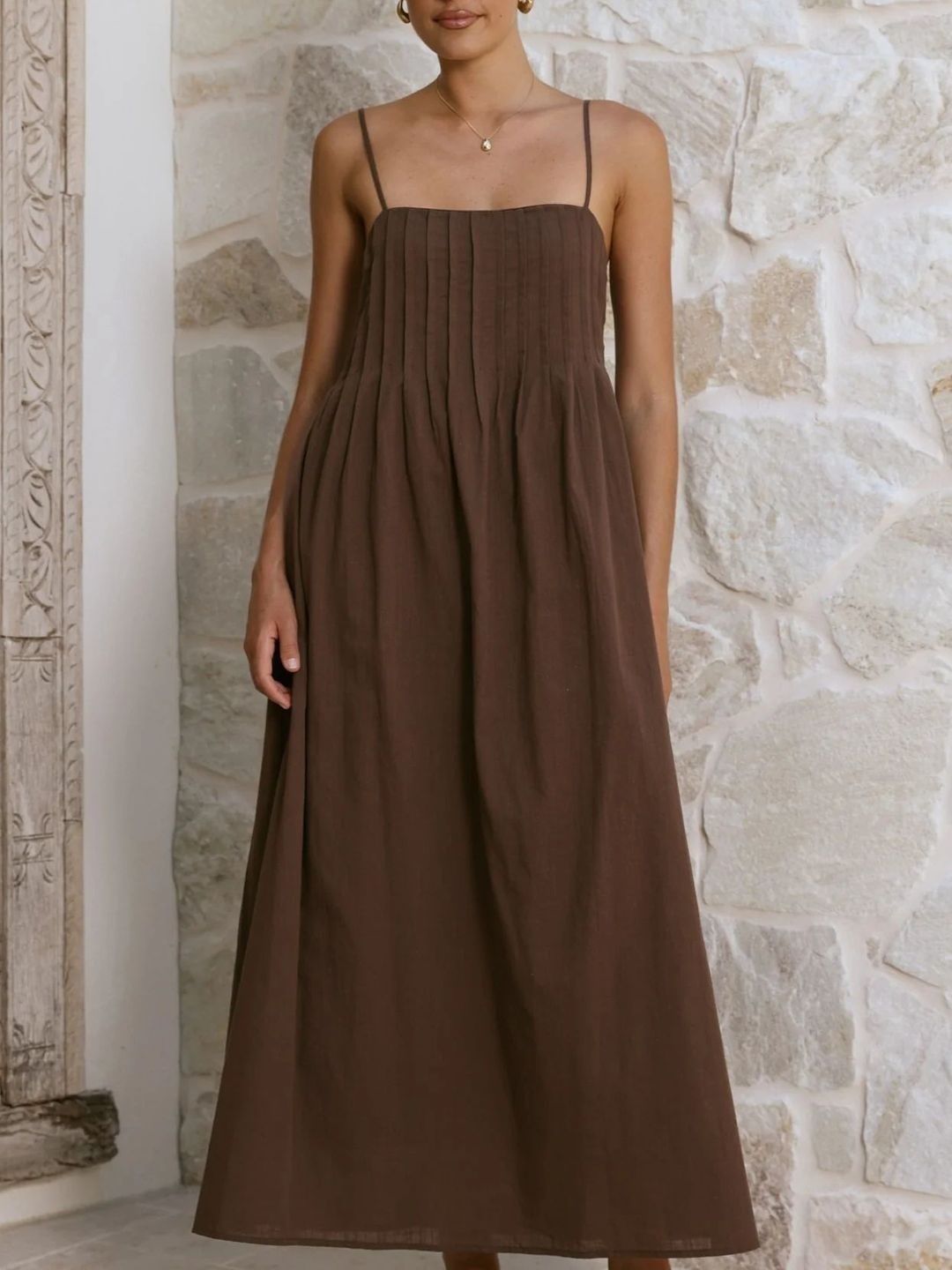 Brown Pintuck Yoke Detail Maxi Dress