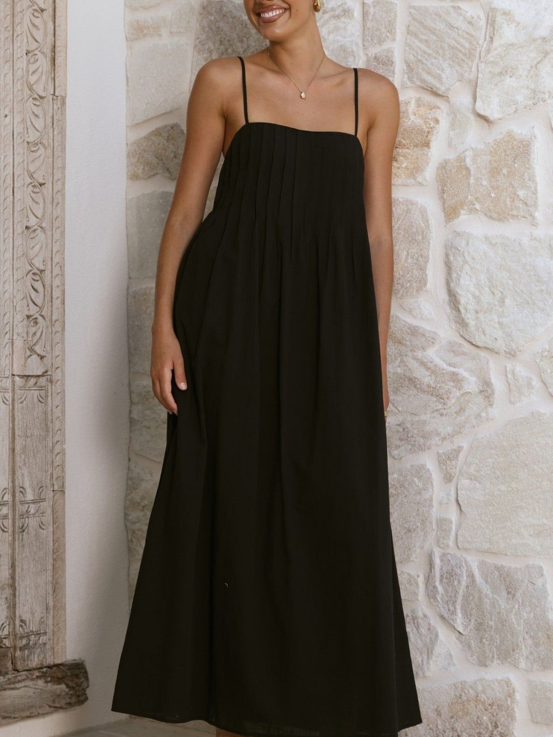 Black Pintuck Yoke Detail Maxi Dress