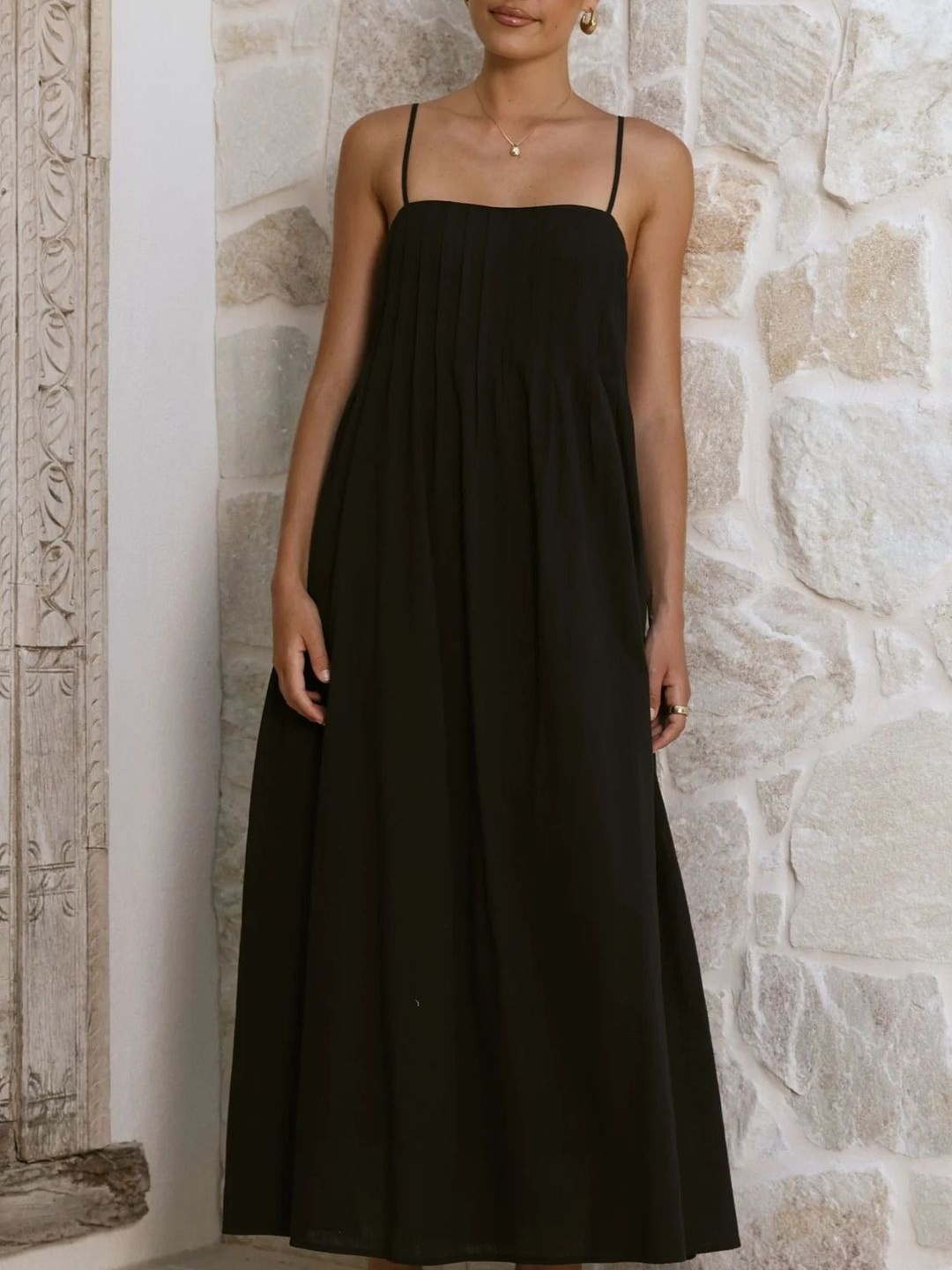 Black Pintuck Yoke Detail Maxi Dress