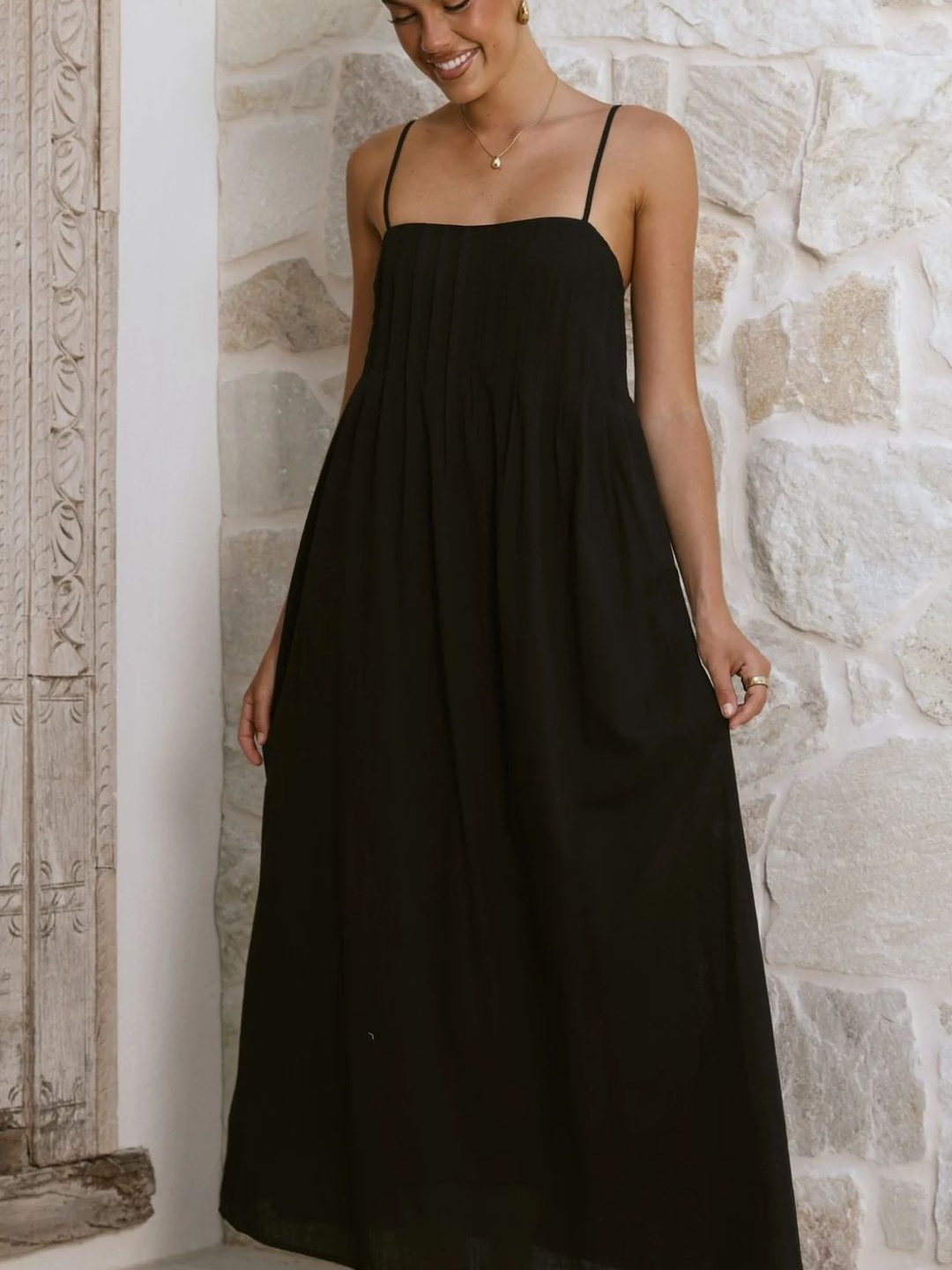 Black Pintuck Yoke Detail Maxi Dress