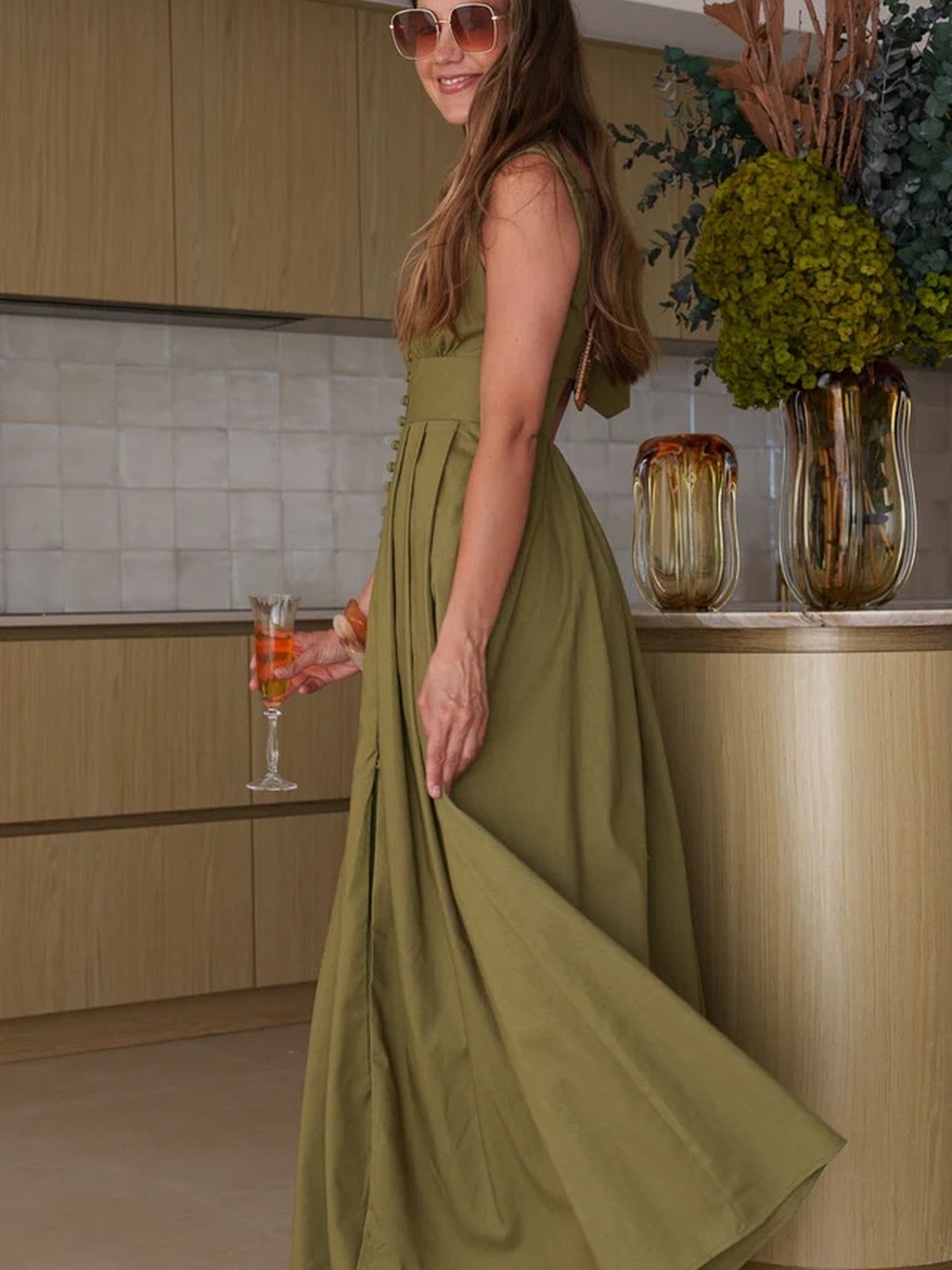 Green Sleeveless Maxi Dress with Buckle Detail
