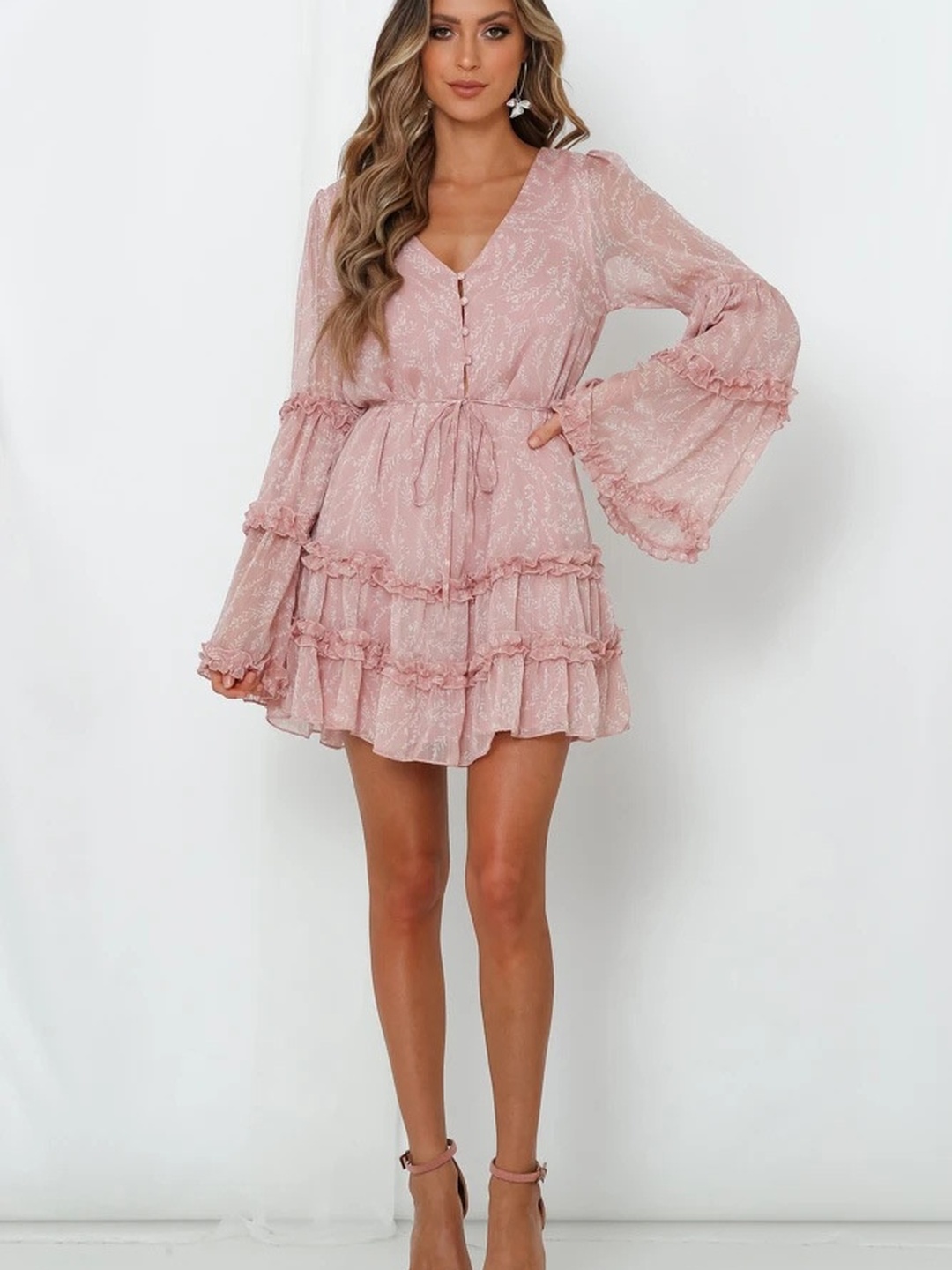 Pink Floral Print Bell Sleeve A-Line Mini Dress 