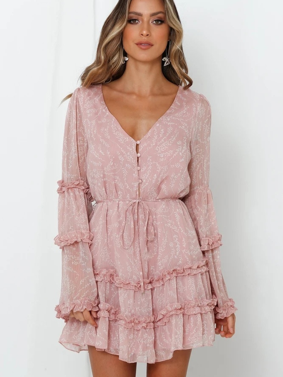 Pink Floral Print Bell Sleeve A-Line Mini Dress 