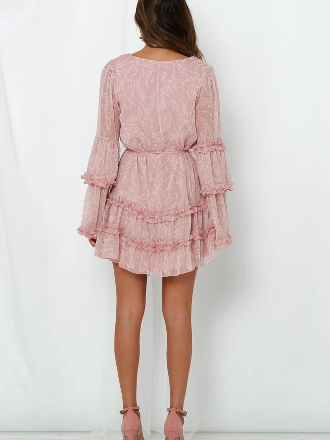 Pink Floral Print Bell Sleeve A-Line Mini Dress 