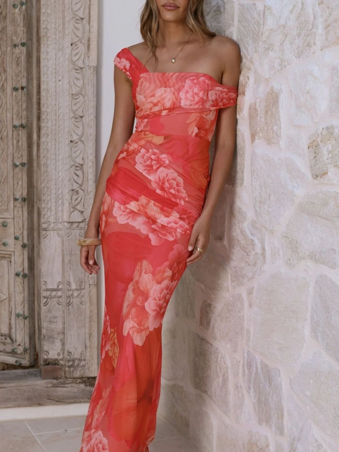 Red Floral Print Asymmetric Neck Sheath Maxi Dress