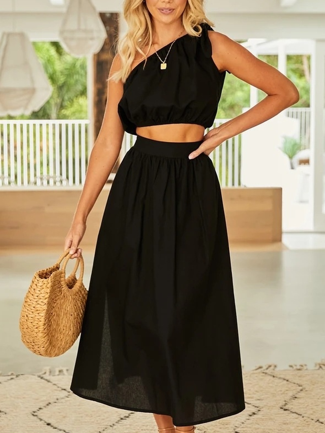 Black Solid One-Shoulder Crop Top and Skirt Co-Ords
