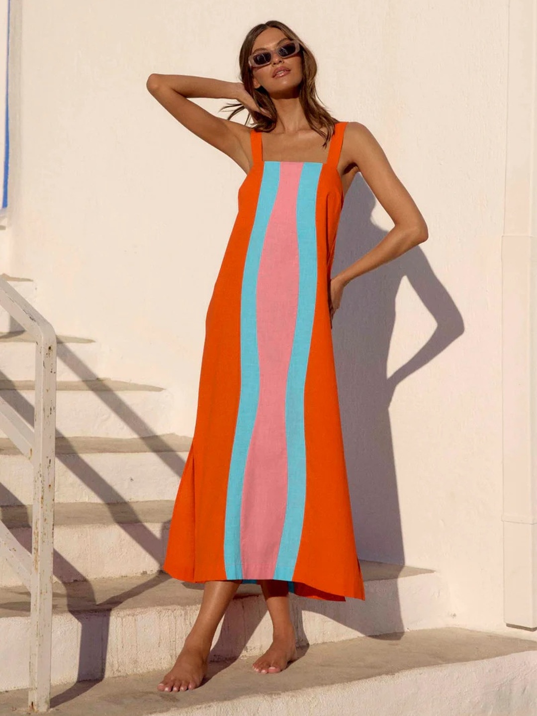 Orange Sleeveless Striped Midi Dress